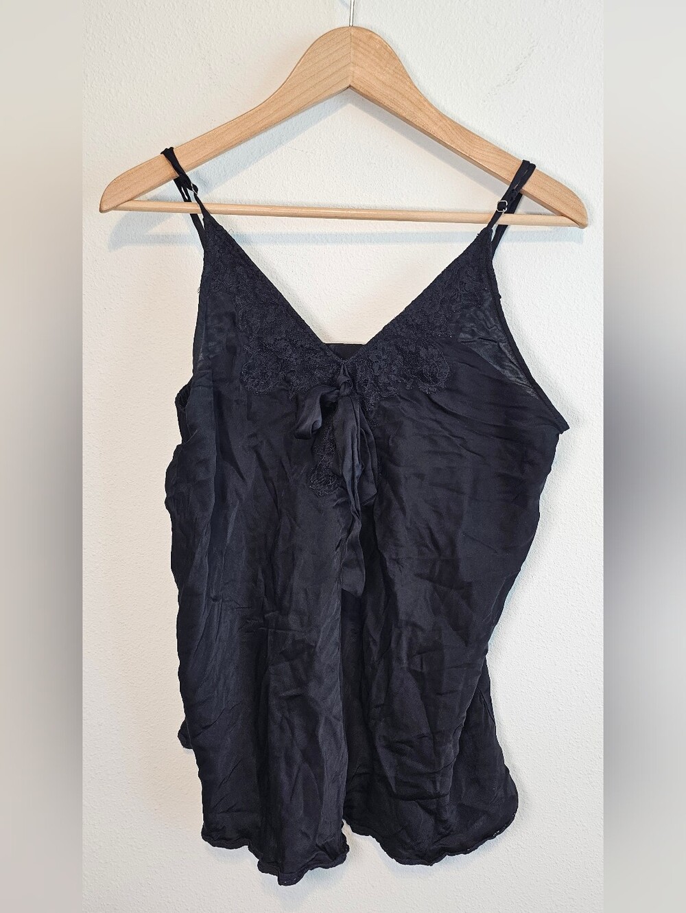 Intimately Free People Cami Black Satin V-Neck Ribbon Tie Lace Back Tank Large